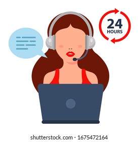 girl with headphones and laptop working in a call center. flat character vector illustration