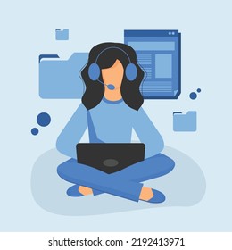 girl in headphones with a laptop works in a call center, support line, operator on the phone, hotline to solve customer problems, online psychologist, chat bot, contact us, customer support service