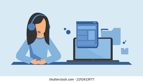 girl in headphones with a laptop works in a call center, support line, operator on the phone, hotline to solve customer problems, online psychologist, chat bot, contact us, customer support service