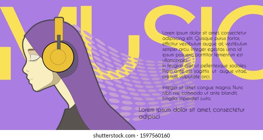 Girl in headphones listen to music. Banner design template on purple background for music events.