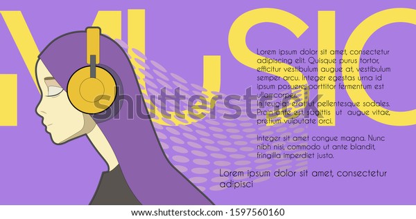 Girl in headphones listen to\
music. Banner design template on purple background for music\
events.
