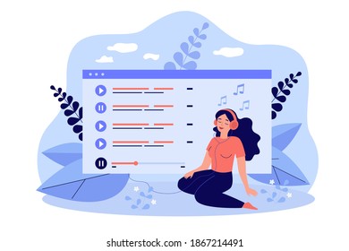 Girl in headphones listening to music from audio playlist. Vector illustration for entertainment, musical app, online player concept