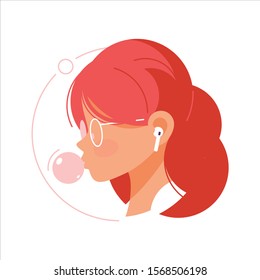 Girl in headphones listening to music. Flat illustration.