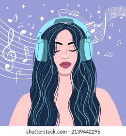 La chica con auriculares escuchando música, vector de meditación 