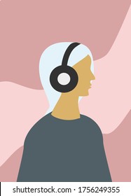 girl with headphones listening to music or podcast