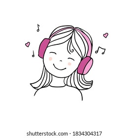 Girl with headphones listening to music. Vector doodle illustration