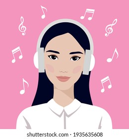 The girl with headphones listening music.  Vector flat illustration