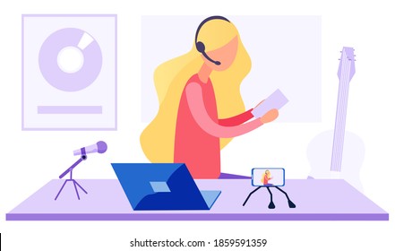 Girl in headphones is listening to music. Woman is recording a video. Voice and speech training. Female character works in the recording studio. Person reads the lyrics and sings into the microphone