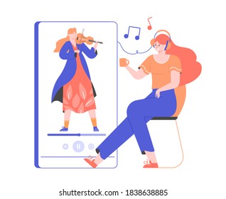 Girl with headphones listens to classical music from a smartphone. The violinist plays a concert. Vector flat illustration.