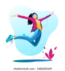 
Girl with headphones listens to music and jumps up. Happiness. Music. Vector illustration on white background.