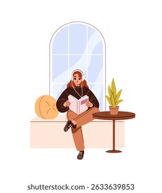 Girl with headphones listens to music, reads paper book, novel on windowsill. Student with headset holds textbook, sits on window sill, learning literature. Flat isolated vector illustration on white