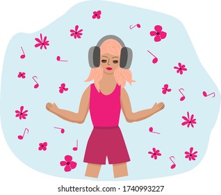 A girl in headphones listens to a piece of music, sings along, and enjoys the colors and notes of the melody. Greeting card, banner, screensaver for birthday.