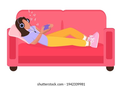 A girl with headphones is lying on the couch, holding a phone in her hand and listening to music. The concept of spending time alone doing nothing. Relax, enjoy the music. Vector. Cartoon style