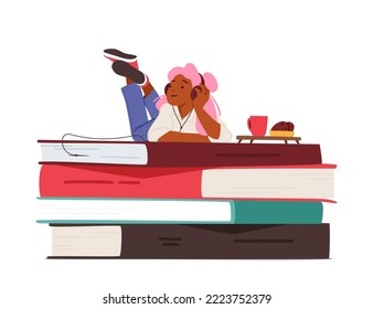 Girl in Headphones Lying on Huge Pile Of Books Listen Online Courses or Stories. Woman Student Character Use App for E-book Listening, Online Library, Education. Cartoon People Vector Illustration