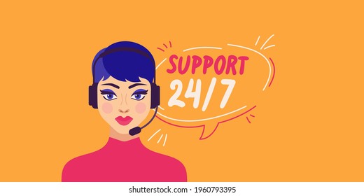 A girl in headphones with a microphone. Customer service operator. Online help. Vector illustration.