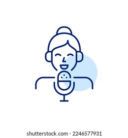 Girl in headphones with microphone recording a song. Pixel perfect, editable stroke line icon