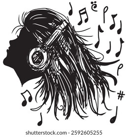 Girl with headphones with musical notes in black and white. Vector illustration