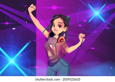 Girl with headphones on dance floor. Dj woman in modern clothes and trendy hairstyle move body in night club interior with glowing lamps. Young cute disc jockey teenager, Cartoon vector illustration