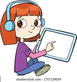 girl with the headphones on her ears points her finger at the tablet