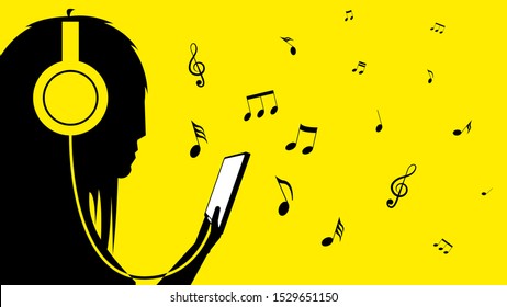 Girl In Headphones On A Yellow Background With A Smartphone