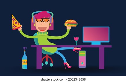 A girl with headphones with pizza and a hamburger in her hands with her feet on the table. Vector banner
