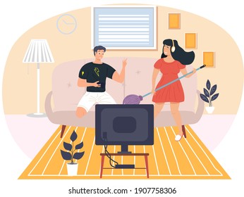 Girl with headphones plays mop like guitar. Guy listens to singing of his girlfriend and watches TV. Woman imagines guitar and listens to music. People spend time together at home vector illustration