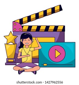 girl with headphones screen clapboard and award cinema movie vector illustration