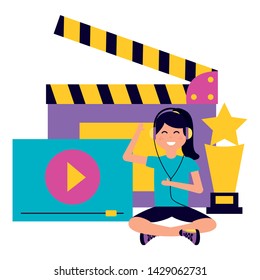 girl with headphones screen clapboard and award cinema movie vector illustration