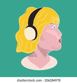 Girl in the headphones, side view, vector flat illustration.