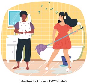 Girl with headphones sings song and washes floor. Woman plays mop like guitar. Girlfriends in bathroom. African american female character listening to her friend singing. Person creates music