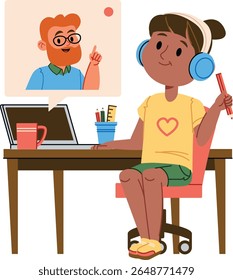 A girl with headphones sits at a desk, engaging in an online class with a teacher on the screen. A student attentively participates in a virtual lesson, holding a pencil. Cartoon vector illustration.