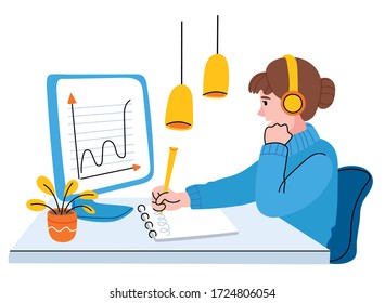 Girl in headphones sits in a modern office. Scandinavian style office. Online learning. Listen to music during workday concept.Education and knowledge modern technology concept.Distant education.