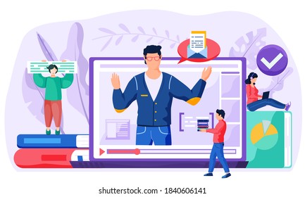 Girl in headphones sits on book and works on her laptop. A man carries video discs. A guy standing on books holds a keyboard or tablet with text in his hands. Video recording of the lesson on screen