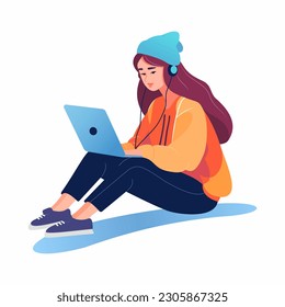 girl in headphones sits on the floor and uses a laptop. Work or freelancing. A young woman is studying. Freelancer lifestyle. Home schooling. Vector illustration in a flat style.