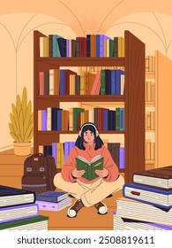 Girl in headphones sits on the floor in public library and reading paper book. Student studies with textbook between bookshelves. Young woman learning educational literature. Flat vector illustration