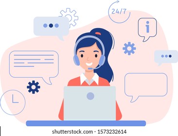 Girl in headphones sitting in front of a laptop. The concept of online help, training and consulting clients. Vector illustration in flat design style.