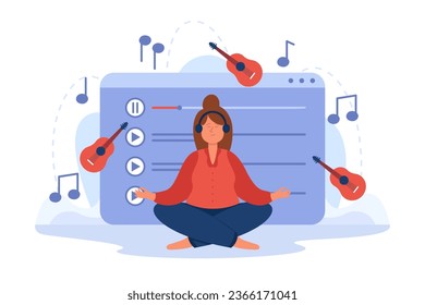 Girl in headphones sitting in lotus position vector illustration. Cartoon drawing of woman listening to music while meditating. Music, therapy, meditation, mental health, hobby concept