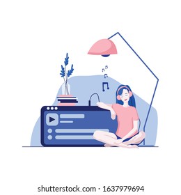 Girl in headphones sitting on floor, listening Music. Modern flat illustration.