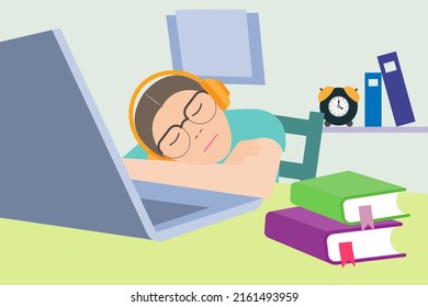 Niña con auriculares durmiendo en una mesa con una laptop