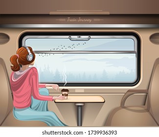 Girl in headphones travels by train and looks at the birds flying outside the window. Train Journey. Girl listens to music and looks out the train window. Vector illustration