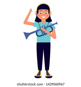 girl with headphones and trumpet listening music vector illustration
