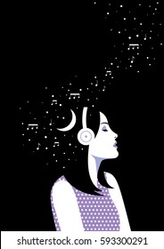 Girl with headphones vector illustration. Music concept. Girl with moon, stars and musical notes.