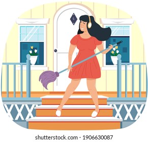 Girl with headphones washes floor. Woman plays mop like guitar. Person creates music. Female character performs songs while cleaning. Musician sings and imagines guitar on outdoor vector illustration