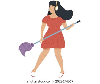 Girl with headphones washes floor. Woman plays mop like guitar. Person creates music. Female character performs songs while cleaning. Musician sings and imagines guitar isolated on white background