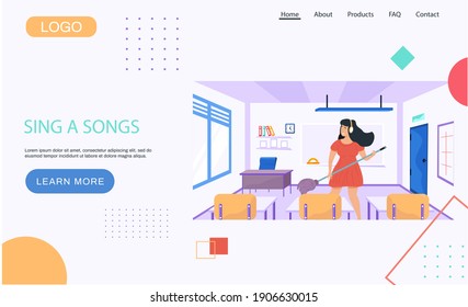 Girl with headphones washing floor. Musician imagines guitar and plays in class. Woman is playing mop like guitar at school. Person creates music. Sing songs concept. Website landing page template