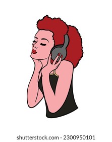 Chica con auriculares. Mujer enlistando música. Ilustración vectorial.