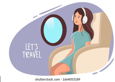 girl in headphones woman relax with in thje plane. Concept people on vacation, journey, trip, flight. Vector illustration. woman travel by airplane. Vector flat cartoon illustration.