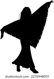Girl with a headscarf dances in a long skirt, shirt and boots. Silhouette.
Vector illustration of girl with her arms raised to the sides. 
Illustrations of women in vector.

