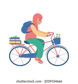 girl in a headscarf wearing a backpack riding a bicycle to school. flat style illustration.