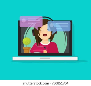Girl in headset chatting or talking on web internet on laptop vector, online webinar or distance learning idea, internet support operator on computer, consultation or support assistance, video call